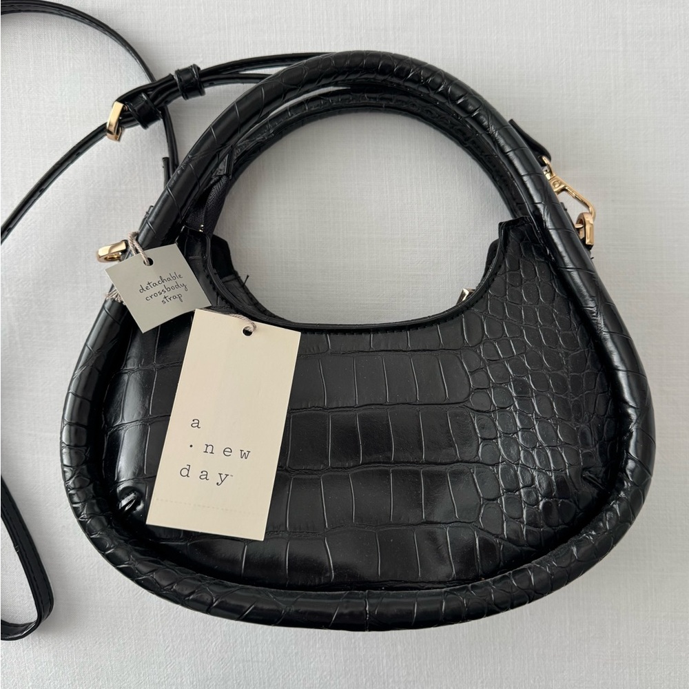 a new day Black Croc-Embossed Crescent Shoulder Bag with Removable Strap